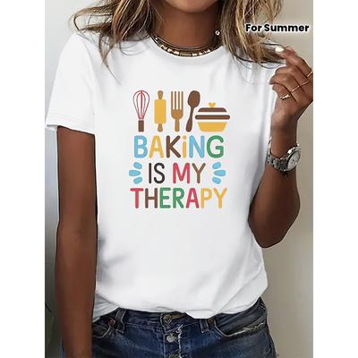 Rozmiary europejskie Damska koszulka casual z grafiką "Baking is My Therapy" - Krótki rękaw, Okrągły dekolt, Top na lato i wiosnę z ikonami pieczenia