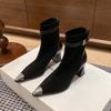 2025 autumn and winter new fashion elastic thin boots niche versatile pointed thick heel splicing zipper fashion boots women