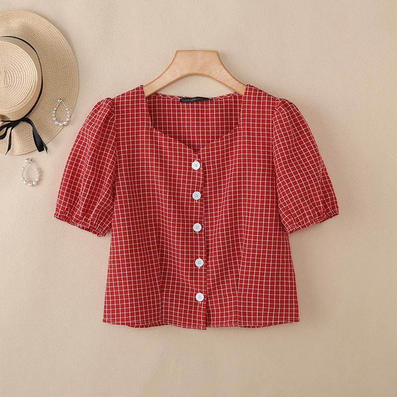 

ZANZEA Women Casual Square Collar Summer Half Sleeve Plaid Print Blouse 2XL