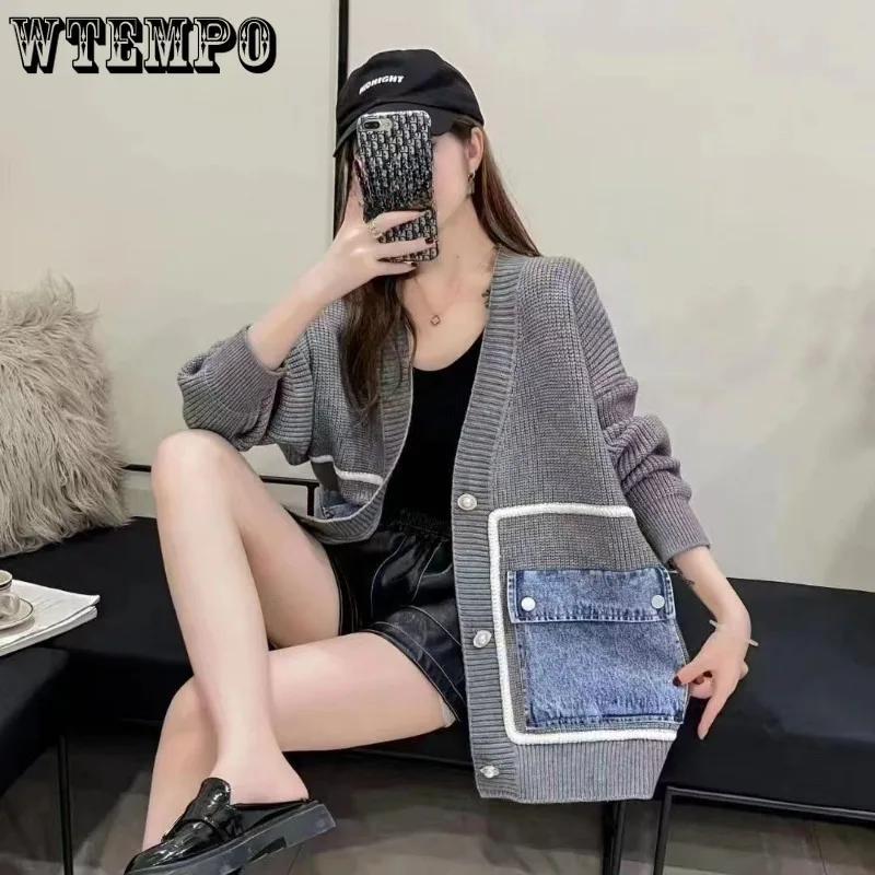 WTEMPO Loose Spliced Cardigan Women Open Front Sweater Long Sleeve V Neck Knitwear Female Coat with Patchwork Denim Pocket