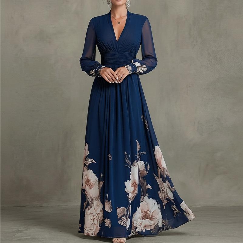 Damen Frühling neu, Europäische und Amerikanische Kleider, Modische und Elegante Bedruckte V-Ausschnitt Kleider