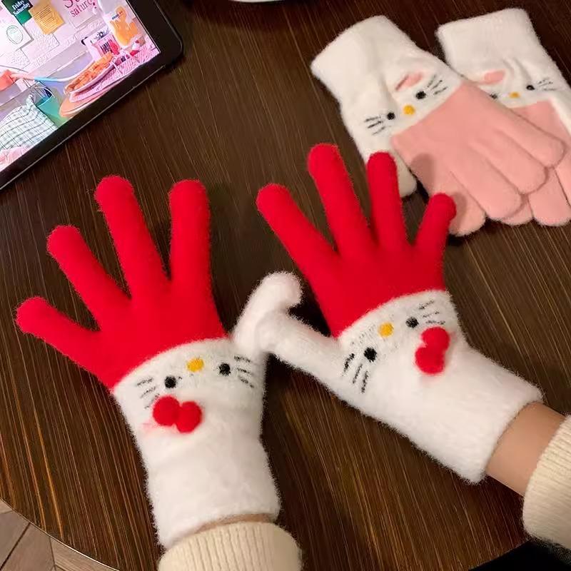 Cute Cartoon Hello Kitty Plush Gloves Student Cycling Winter Warm Five-Finger Gloves  Accessories Holiday Gifts