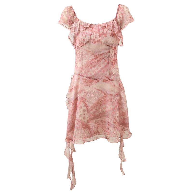 Summer Floral Chiffon A-Line Ruffle Sleeve Mini Dress L