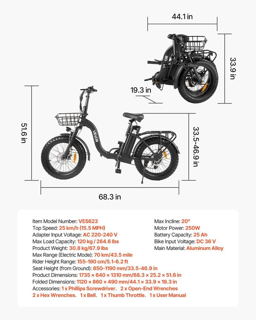 Electric Bike, 250W Folding Electric Bicycle for Adults with 25Ah Large Removable Battery, 36V 25 Km/h Brushless Motor, Up To 70 Km Max Range,