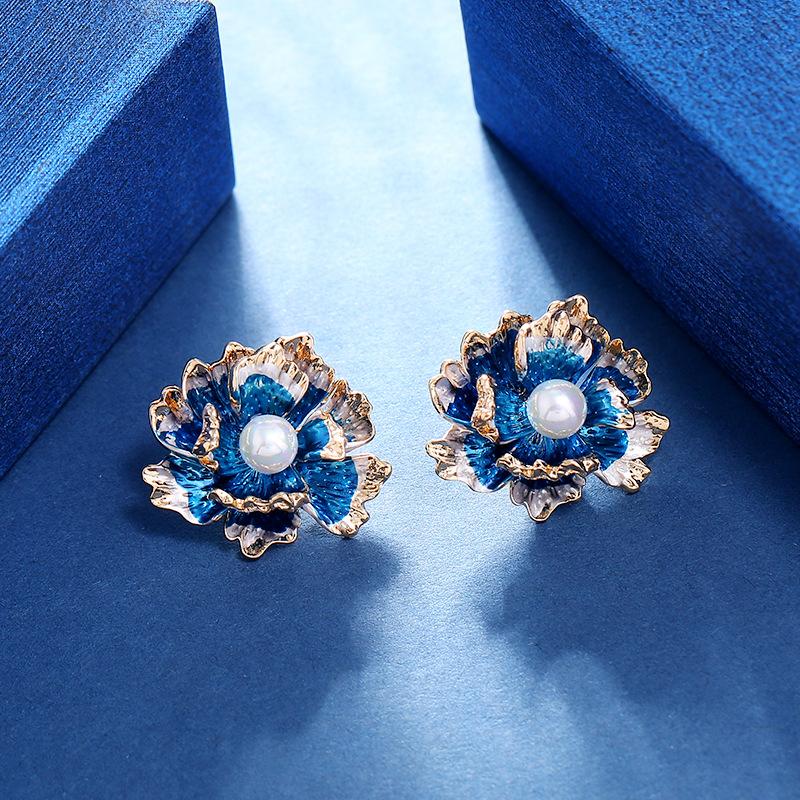 Chinese style peony flower stud earrings temperament women's s925 silver needle pearl simple earrings retro elegant versatile ear jewelry