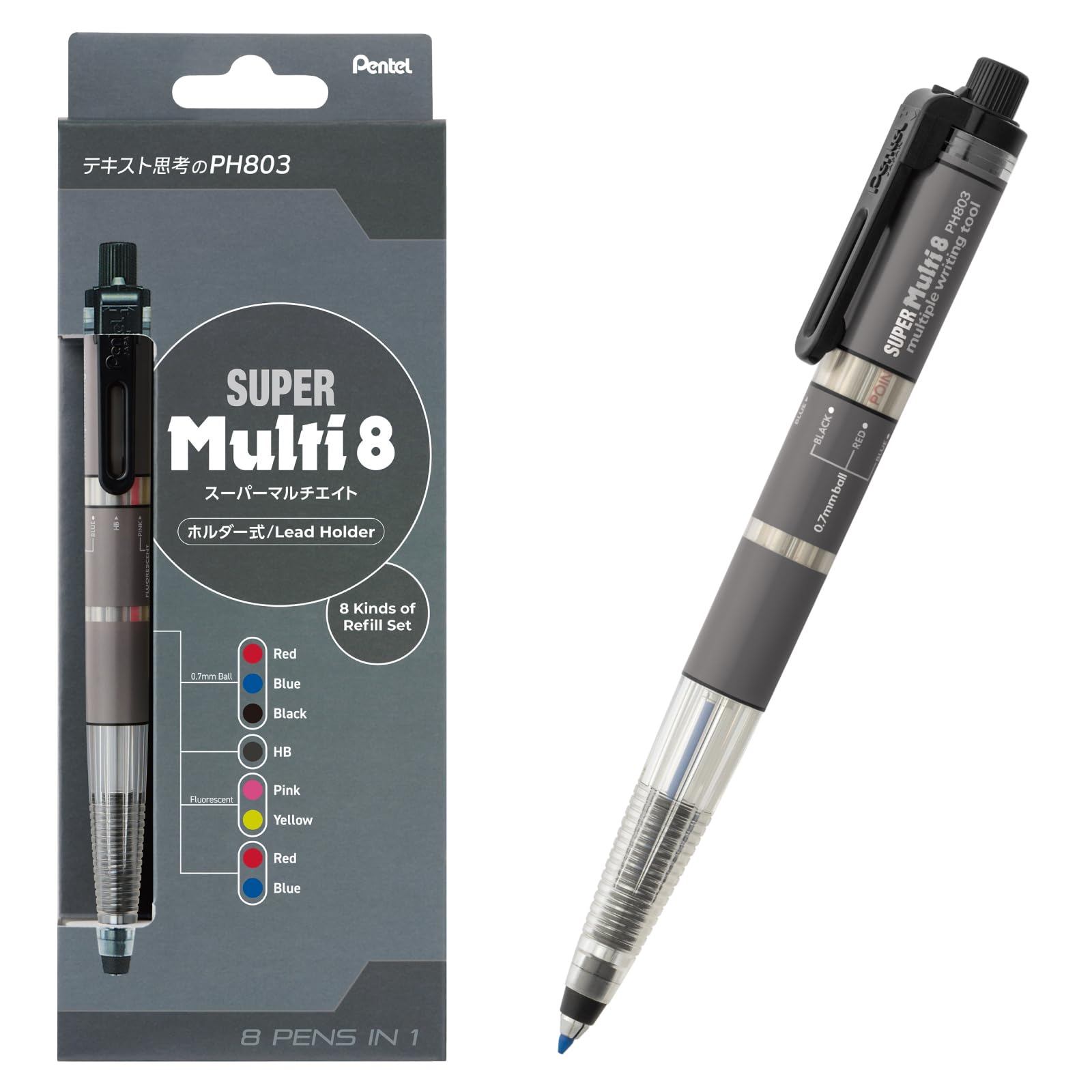 Механический карандаш Pentel Super Multi 8 Цветов Набор Сменных Грифелей XPH803ST 8, Грифели, В Комплекте, серый