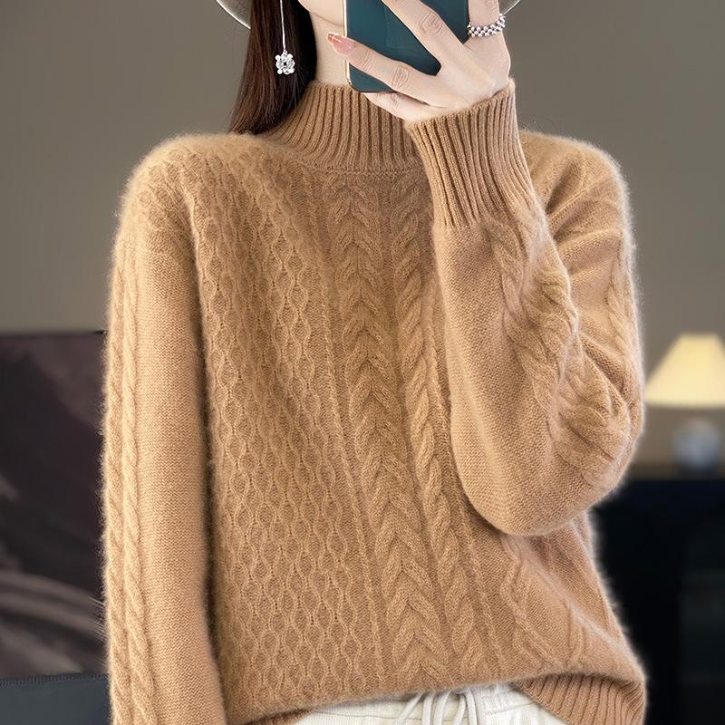 Thickened Half-high Neck Twisted Flower Sweater for Women In Autumn and Winter New Loose and Versatile Cashmere Knitted Sweater Base Shirt