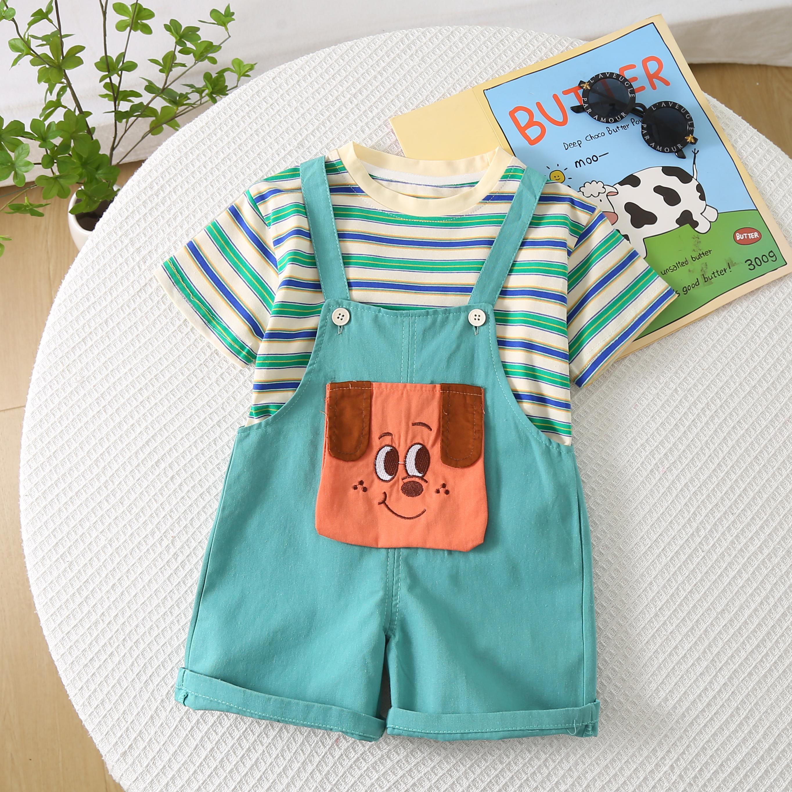 

Комплект из 2 предметов для мальчиков из хлопка - Полосатый топ с коротким рукавом и круглым вырезом + Комбинезон с мультяшным псом - Высококачественная детская одежда -S-XXL XXL зелёный