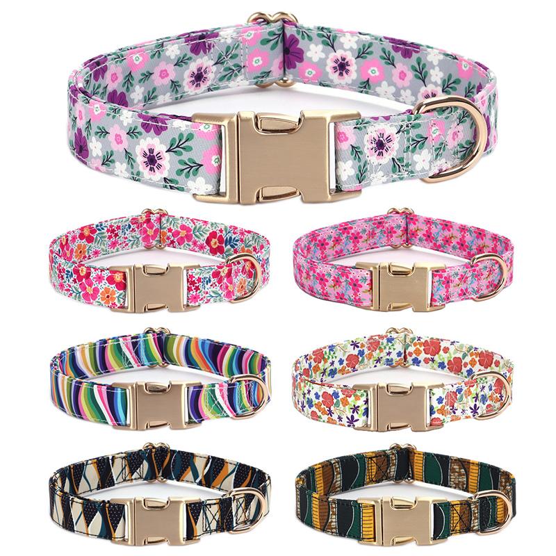 Floral Print Dog Collar and Leash Set Adjustable Soft Nylon Pet Collar with Metal Buckle Dog Lead for Daily Walking Training