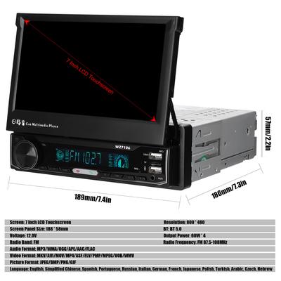 7 Inch Single Din Car Stereo with Telescopic Touchscreen FM Radio BT MP5 Player Support