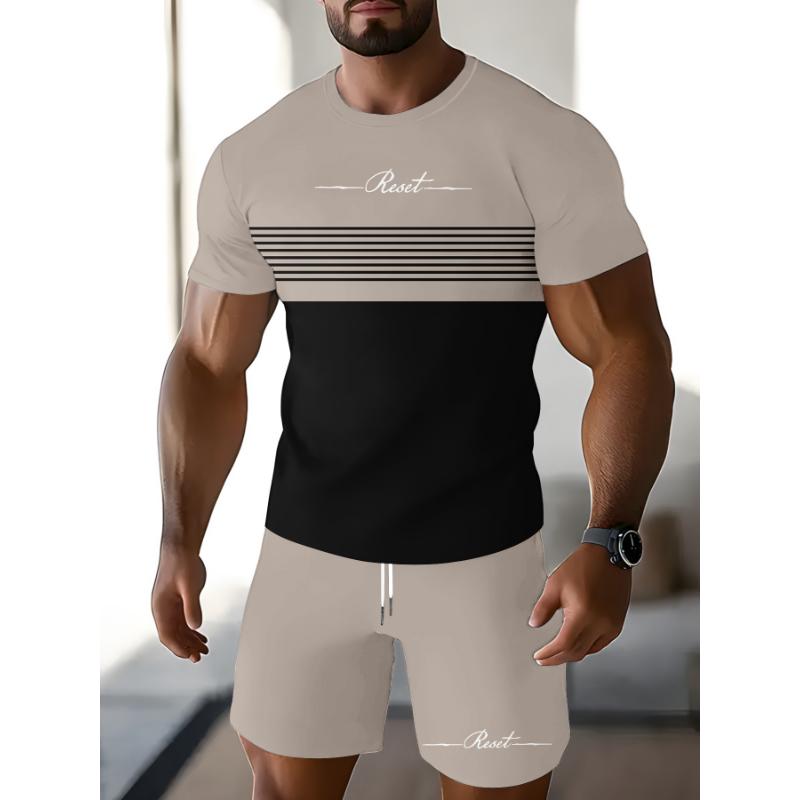 Men's Blue and Black Color-Blocked Suit T-Shirt with Geometric Line Print, Sporty and Trendy Two-Piece Set