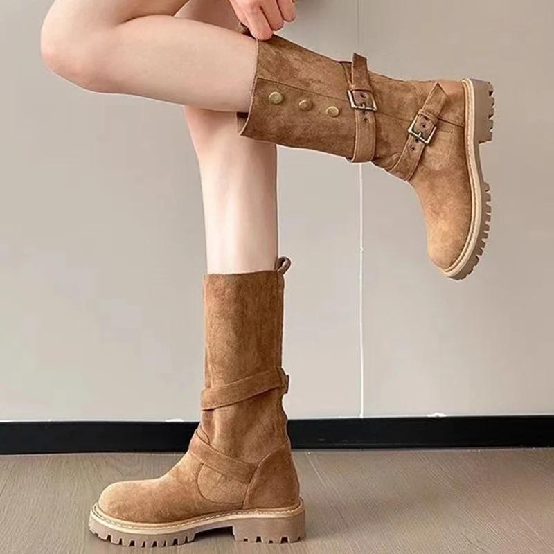 Wildleder Klobige Damen High Boots Designer Schnalle Mittelhohe Absätze Schuhe 2025 Trend Winter Pumps Goth Mid Calf Motorrad Botas De Mujer