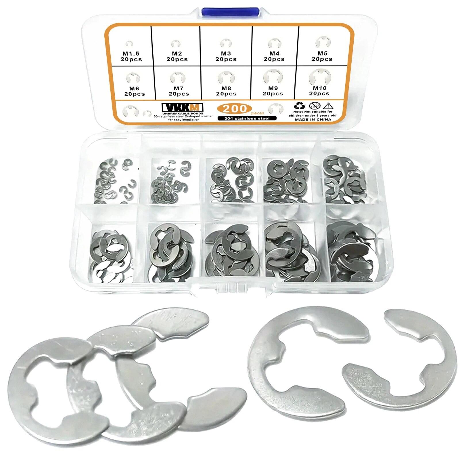 

200PCS Stainless Steel Retaining Circlip Set Snap Ring E-Clip Washer Assortment for Shaft Fastener M1.5-M10