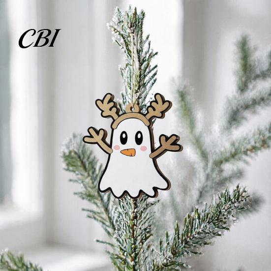 Halloween Christmas Hybrid Decor Ghost Ornaments, Wooden Tree Decorations with Santa Hats Cute Holiday Window Gothic Skull, Hanging Xmas Winter