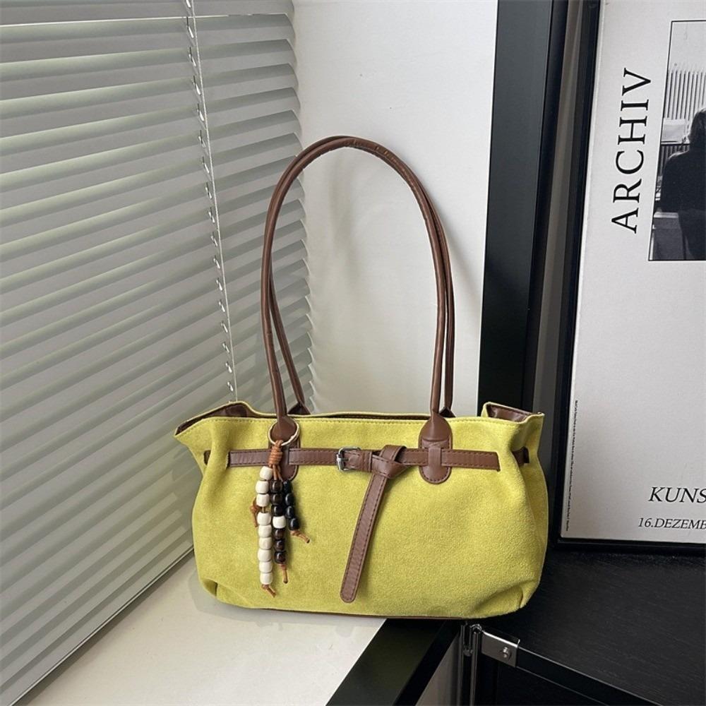 Stylish Vintage Shoulder Bag Large Capacity Imitation Suede Underarm Bag Solid Color Pendant Decoration Women's Handbag Women
