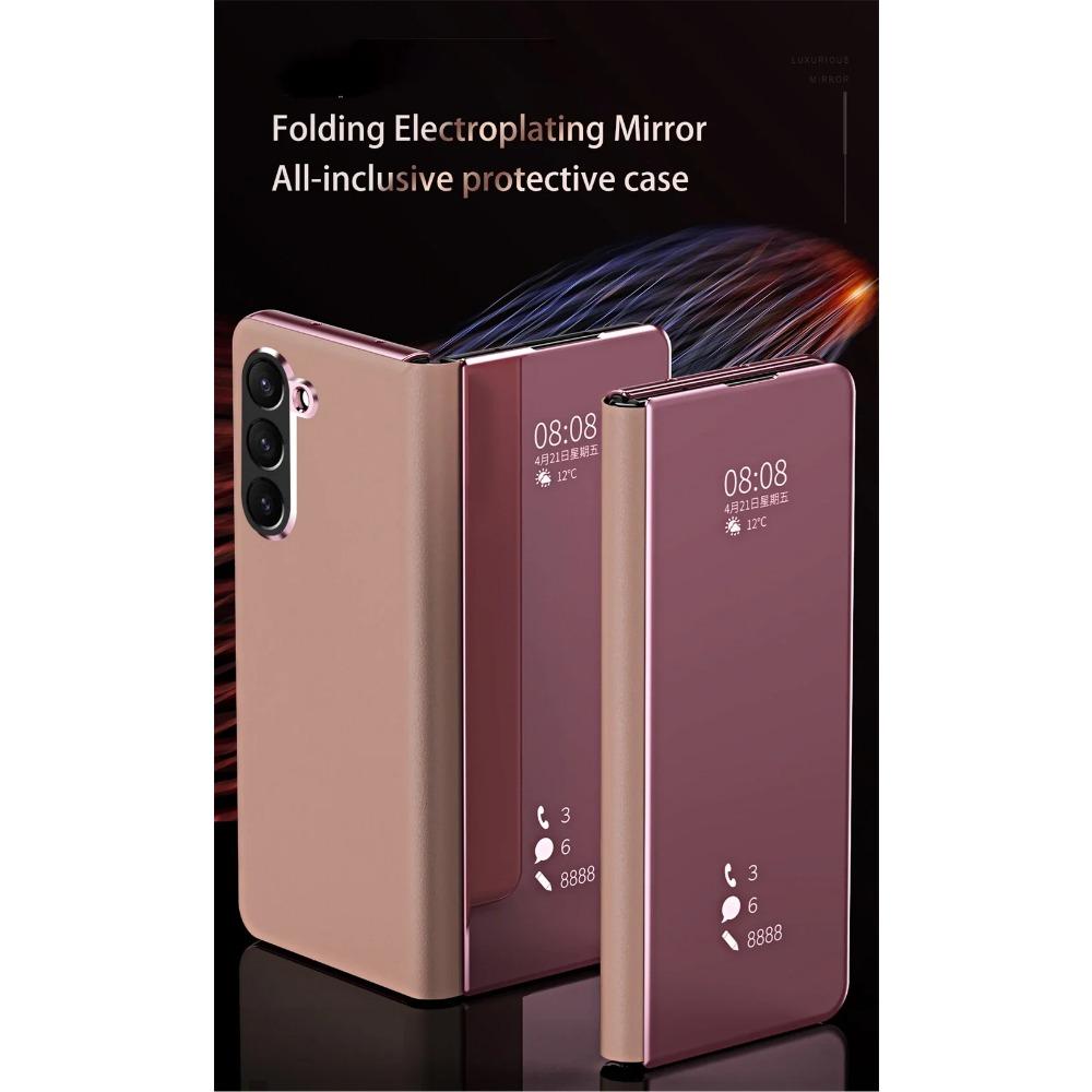 Luxury Side Window Smart Dormancy Case for Samsung Galaxy Z Fold 7 6 5 4 3 Plating Mirror PU Leather Stand Cover for Z Fold 7
