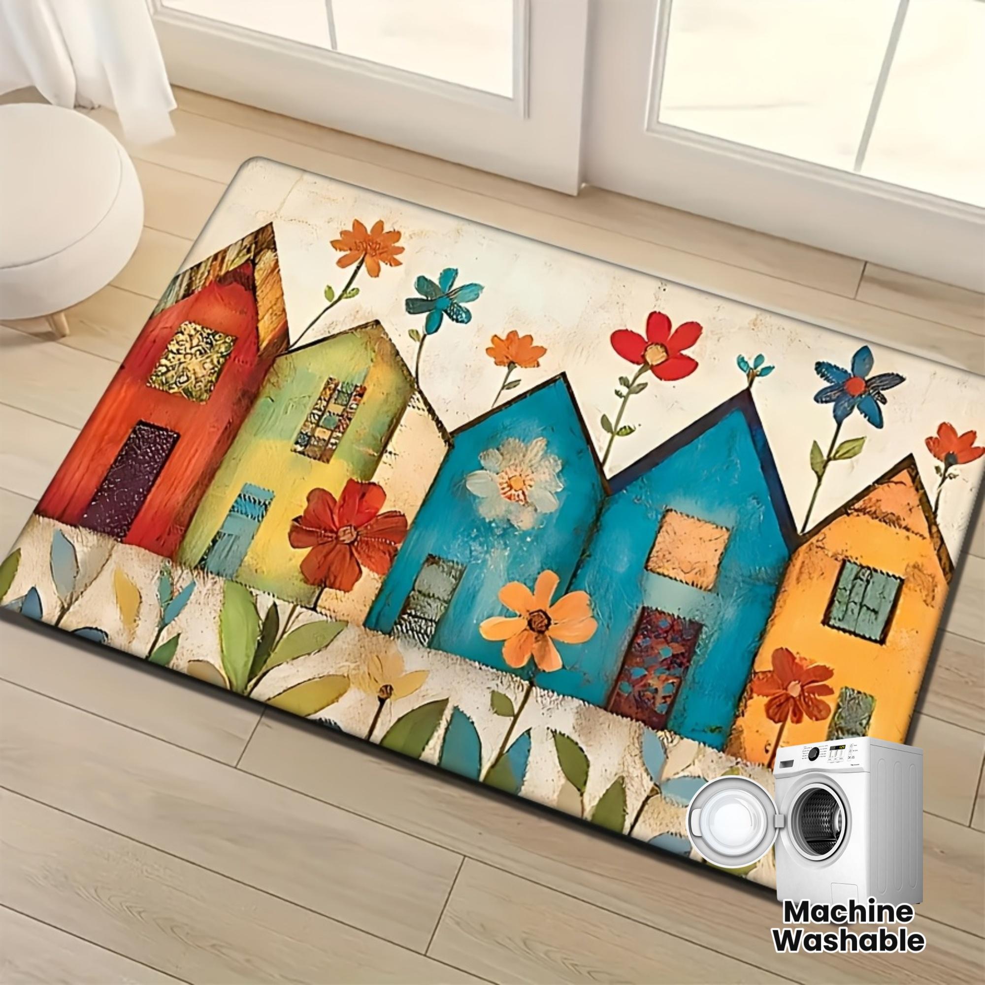 

Nordic Cartoon House Colorful Doormat - Vibrant Floral Non-Slip Washable Rug for Home Kitchen Living Room Decor 40x60cm