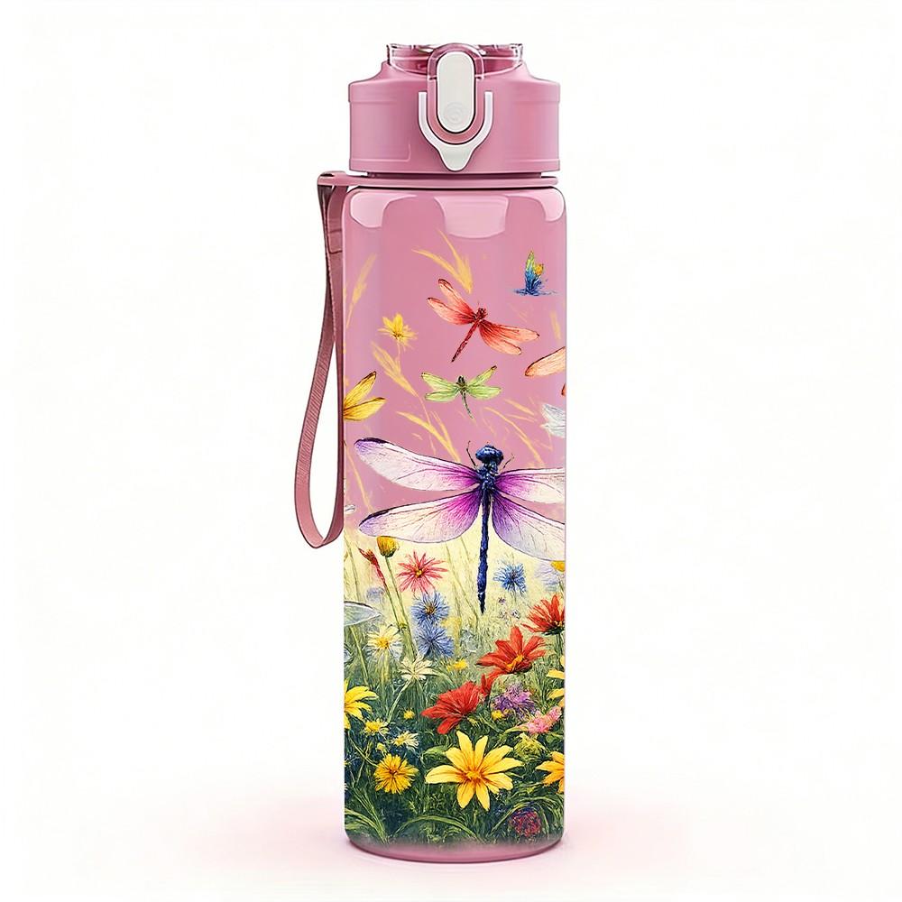 1PC Dragonfly Wildflower Meadow Print 750ml Color Plastic Sports Water Bottle Leakproof Flip Straw Lid Suitable for Sports Office Home Use