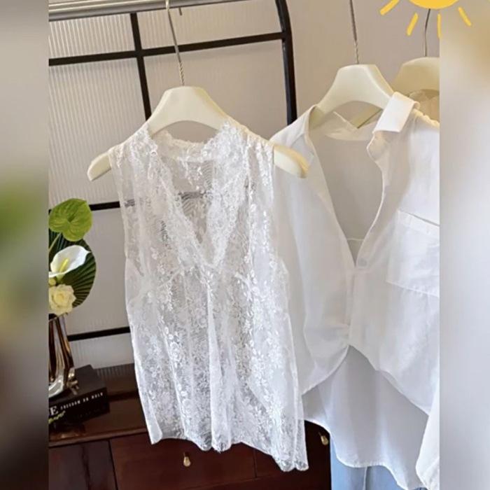 Cotton Brocade Wrinkled Fabric, Spring and Summer Lace Vest + Long-sleeved Shirt Women's Loose Two-piece Set Is Sweet and Fresh.