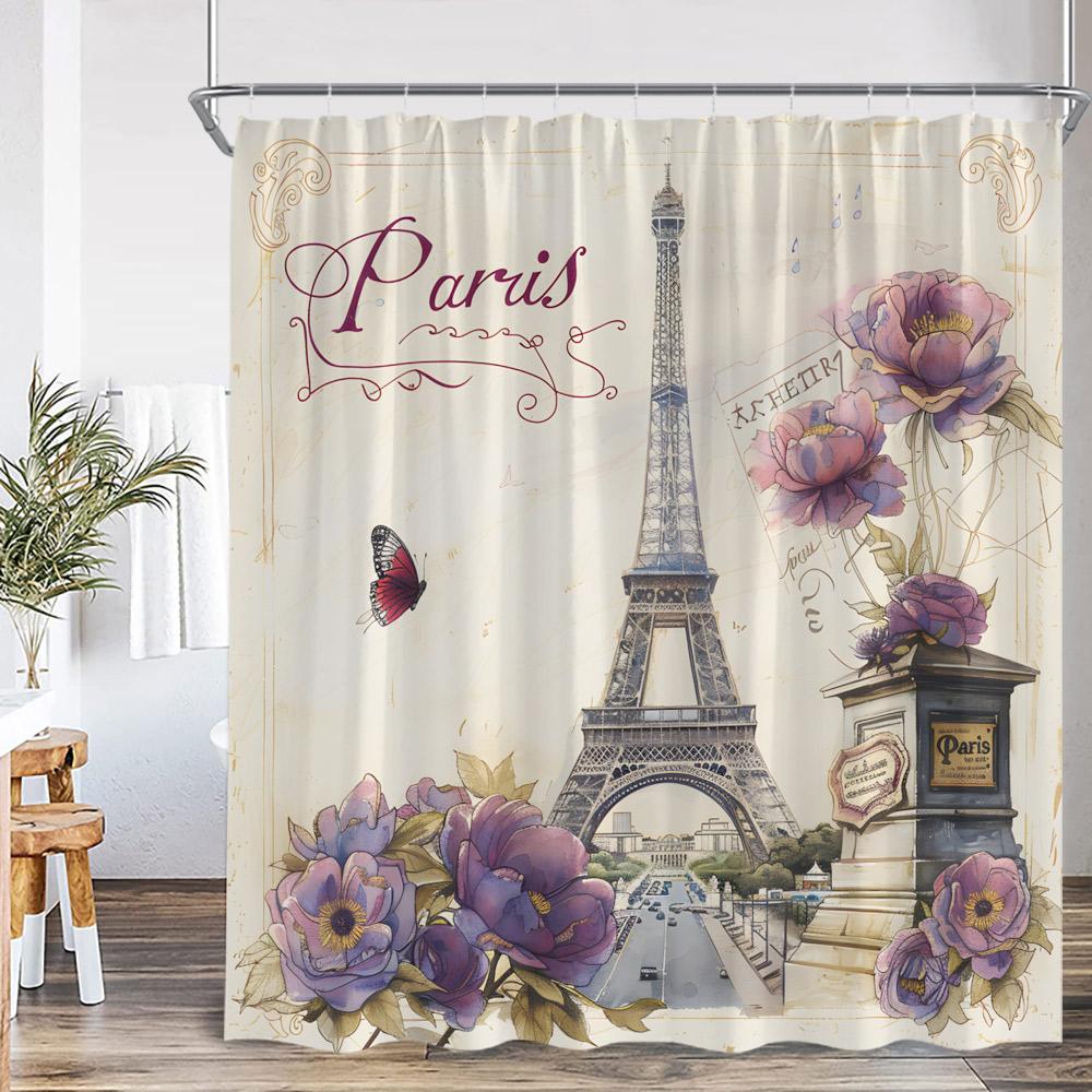 Paris Eiffel Tower Vintage Shower Curtain Purple Flower Old Newspaper Pattern Bathroom Decor Retro Bathtub Curtain with Hook
