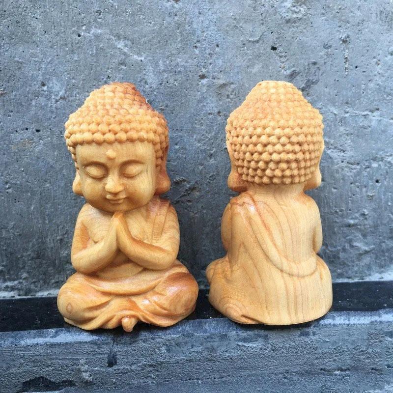 Buddha Statue Desktop Ornament,Cliff Cypress Wood Carving Cute Tathagata Small Buddha Figurine Crafts,For Home Decoration Gift