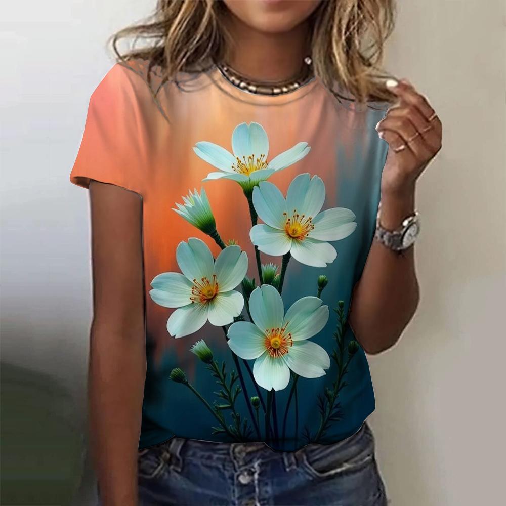 2025 New Summer Temperament Women's Floral Blue Printed Women's T-shirt Round Neck Short Sleeve Street Casual Daily Basic Tops