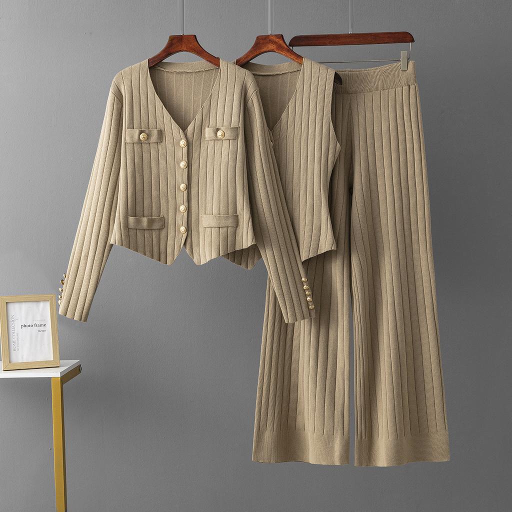 Schlank geschnittene Hose mit weitem Bein Pullover Dreiteiliges Damen Herbst Neu Weste Gestrickte Strickjacke Set