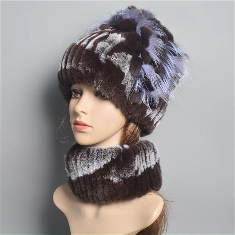 

Новый стиль, женские вязаные меховые шапки, шарф, 2 шт., женская теплая шапка из меха кролика рекс, шарф, зима ONE SIZE