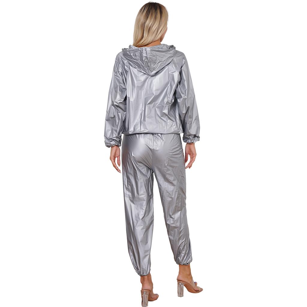 Unisex PVC Sports Suit Long Sleeve Zipper Hooded Top Elastic Waistband Pants Fitness Workout Outfits