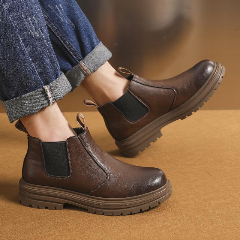 Chelsea Boots Men'S Cigarette British Style High Top Leather Men'S Boots Season Fleece Warm Martin Boots Men'S