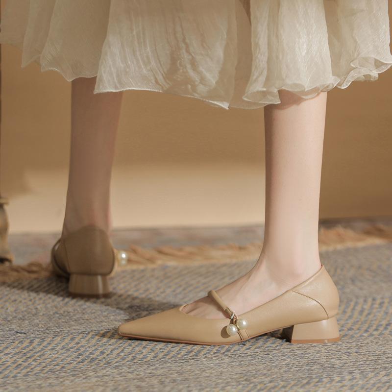 Soft leather low heel pointed toe nude Mary Jane shoes cheongsam single shoes new thick heel high heels women's shoes single shoes summer