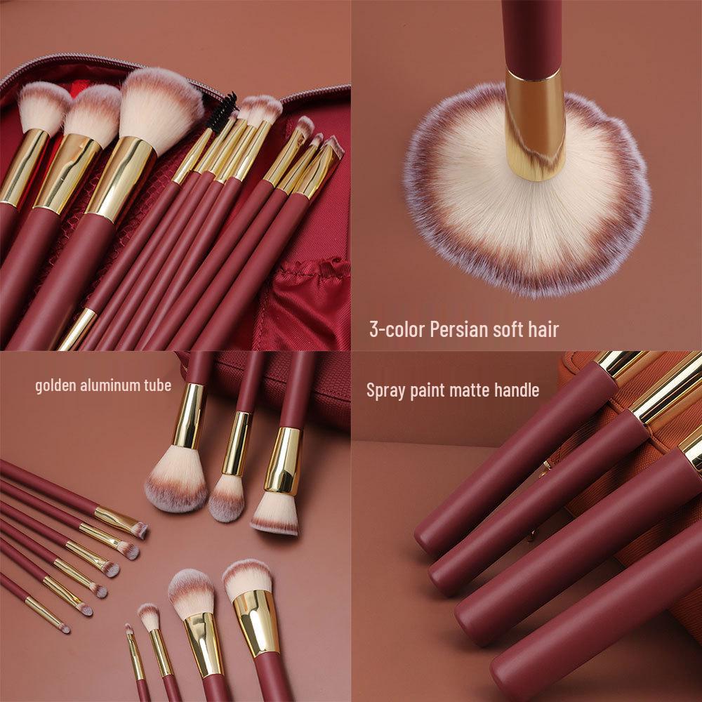 Burgundy 16-Piece Makeup Brush Set: Soft Bristle Foundation, Eyeshadow, and Blush Brushes