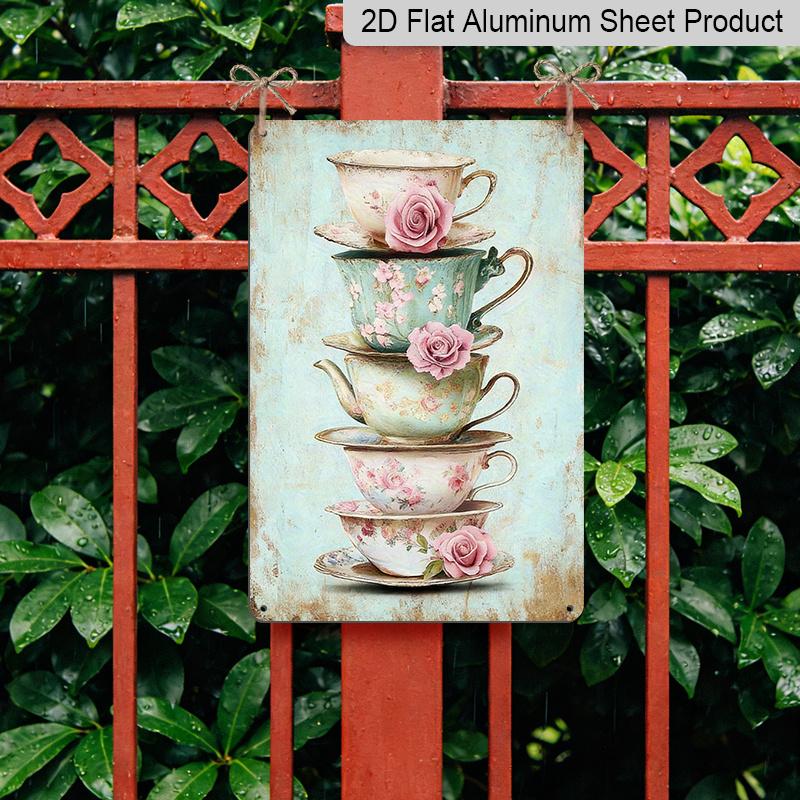 2D Flat, 1pc Vintage Tea Party Metal Wall Art Sign - 8x12 Inch Aluminum Floral Teacups & Roses Design, Rustic Distressed Edges, Pre-Drilled Holes for