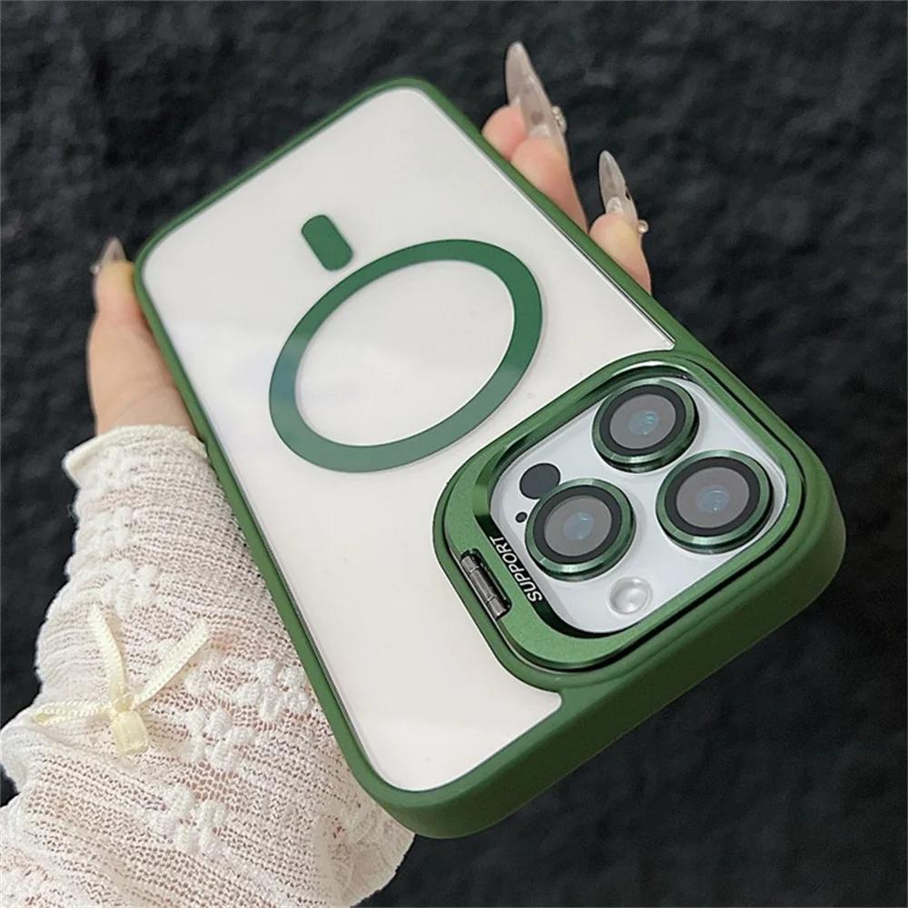 iPhone 16 15 14 13 12 11 Pro Max 16 Plus İçin Magsafe Standlı Manyetik Darbeye Dayanıklı Lüks Telefon Kılıfı Cam Lens Koruyucu Kapak