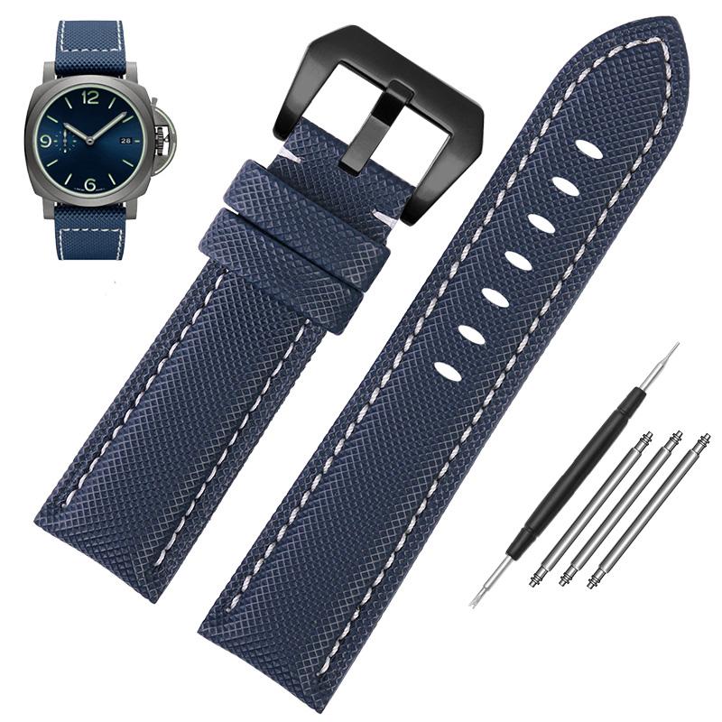Klasyczny 24mm Pasek do Zegarka Pasujący do Panerai Luminor PAM01661 Czarny Niebieski Tkanina Nylonowa Płótno Pasek z Prawdziwej Skóry Klamra Szpilkowa