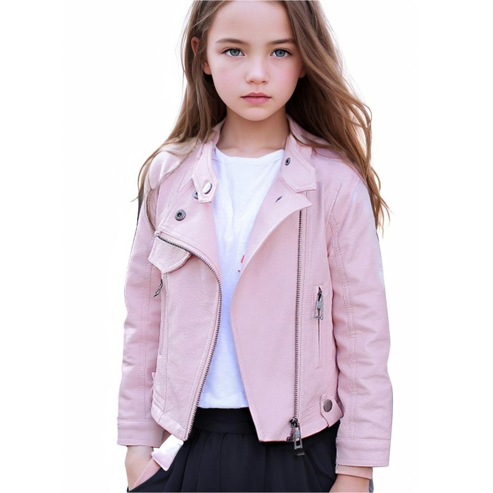 

Модная мотоциклетная куртка из искусственной кожи с диагональной молнией для девочек, детская верхняя одежда 150 розовый