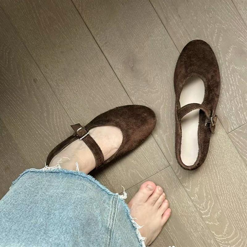 Cowhide Version~ Korean Version of Round Head, Beautiful Mary Jane Shoes, Pulled Cowhide Shallow Mouth Flats, Red Single Shoes for Women
