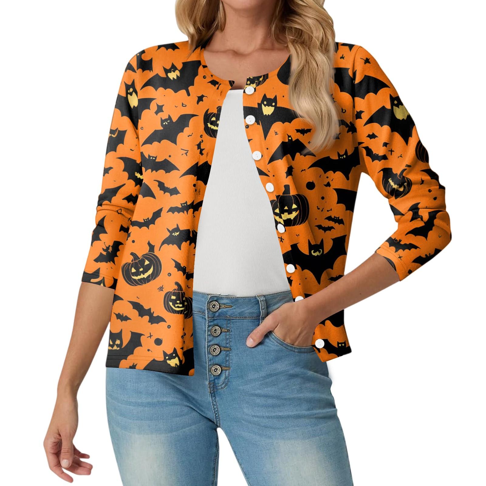 

Женский модный, повседневный, удобный кардиган-жакет с принтом на Хэллоуин XL шафрановый