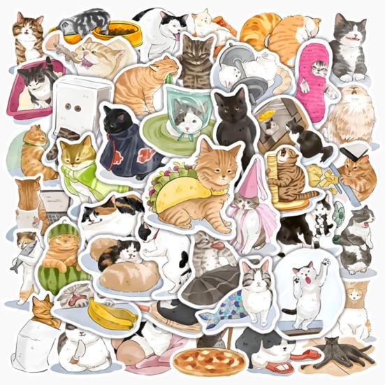 50Pcs Stationery Stickers Self-adhesive Waterproof Removable Tear-resistant Decorative Cute Cat Laptop Stickers Daily Use