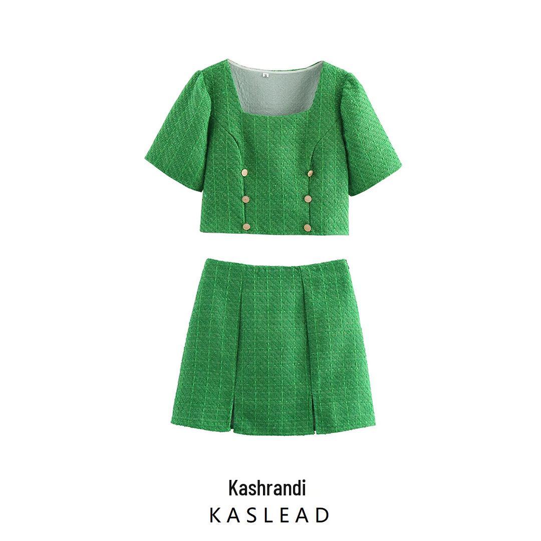 

2025 Spring Women s European & American Style Tweed Square Neck Short Top and Half Skirt Set Small