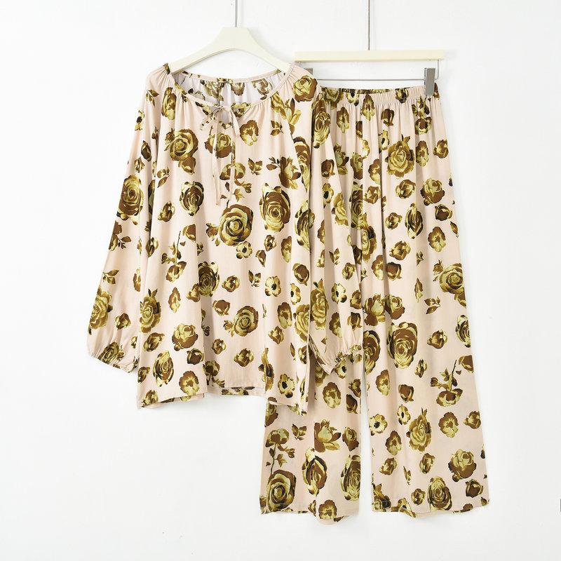 

Пижамные комплекты из шелкового поплина в китайском стиле, с цветочным принтом, домашняя одежда, костюм из 2 предметов, топ с длинным рукавом и брюки широкого кроя, простая удобная одежда для отдыха XL