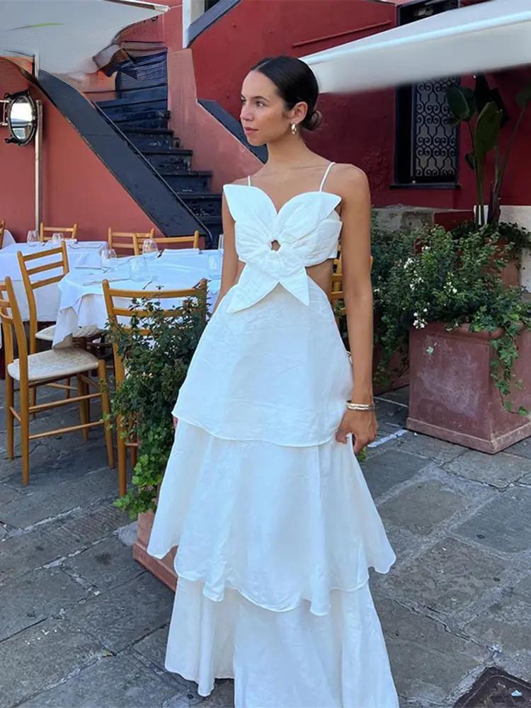 Sexy Elegant Hollow Out Ruffle Party Dress Summer Flower High Street Slim Long Dresses Fashion Chic Sweet Backless Beach Clothing