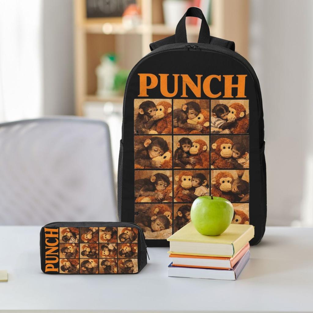 3Pcs Punch Baby Monkey Holding Plush Toy Prints School bags Set for Girls Boys Pen Bags Backpack Sets with Lunch Box
