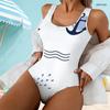 Women Plus Size One Piece Swimsuit Scoop Neck Wide Straps High Cut Blue White Floral Seashell Print