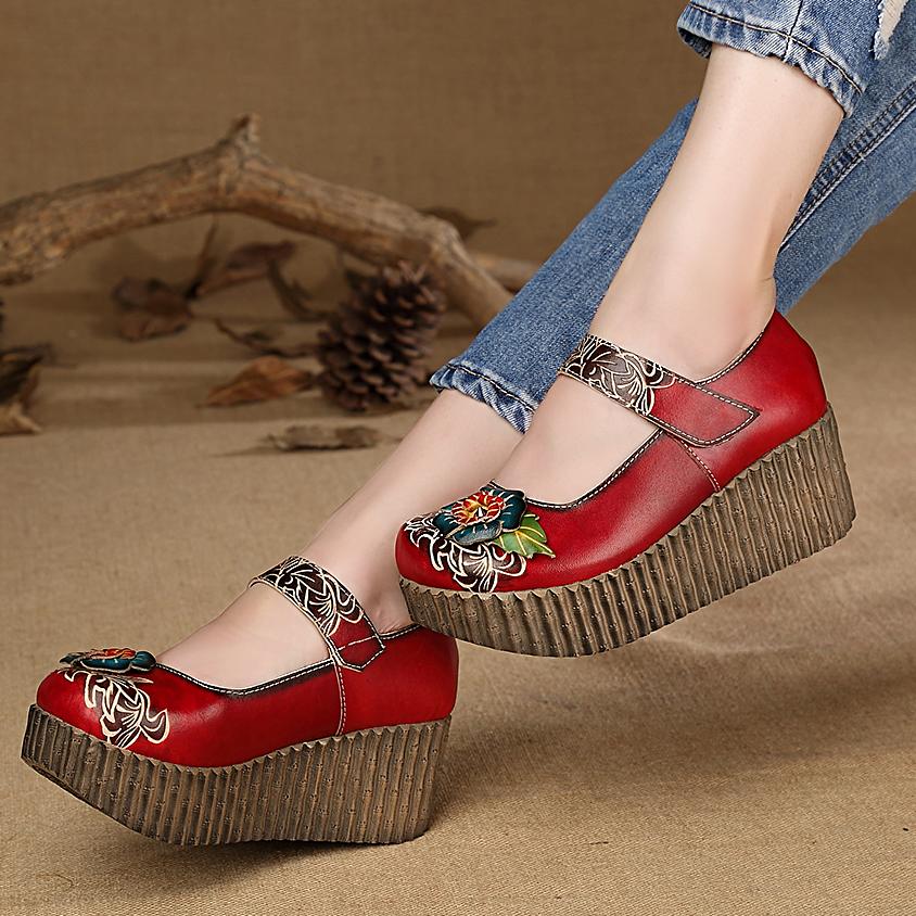 Fashion GKTINOO Retro Pumps Women Shoes Genuine Leather Hook & Loop 2025 New Spring Round Toe Floral Handmade Concise Platform Shoes