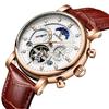 KINYUED J025 Klassische Schnalle Mechanische Uhren Formelles Lederarmband Vollautomatisch Datums- und Wochentagsanzeige Transparente Durchlaufuhr