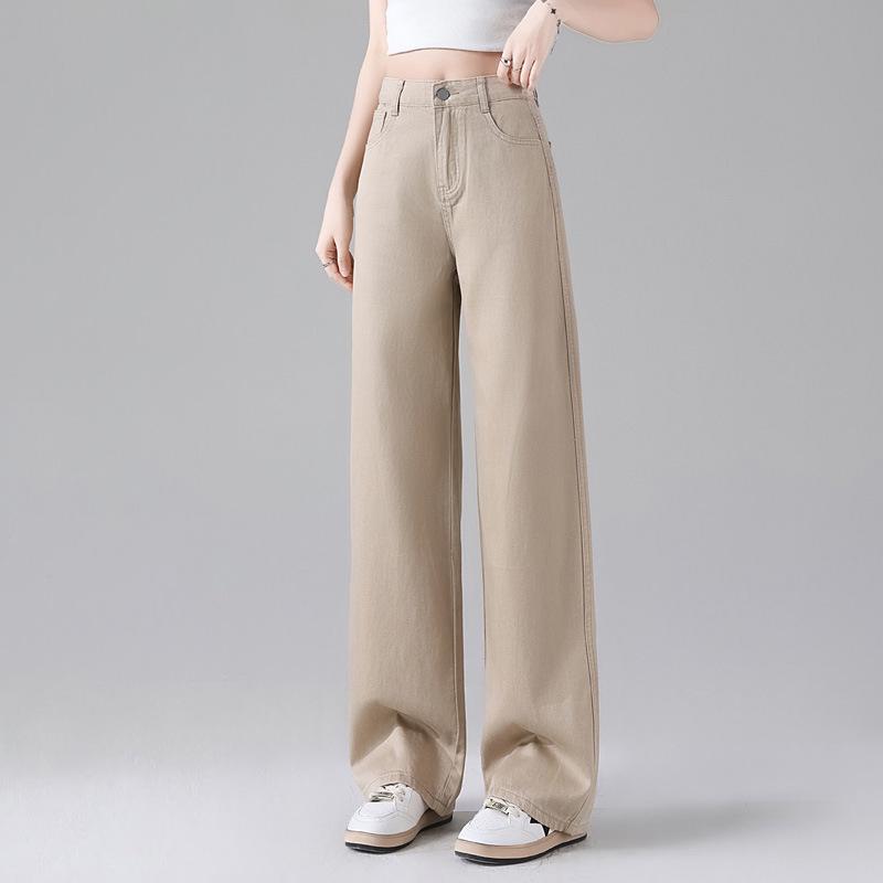 Women s Khaki Tencel High-Waisted Wide-Leg Pants: Summer Slimming, Casual, Narrow Straight Leg M