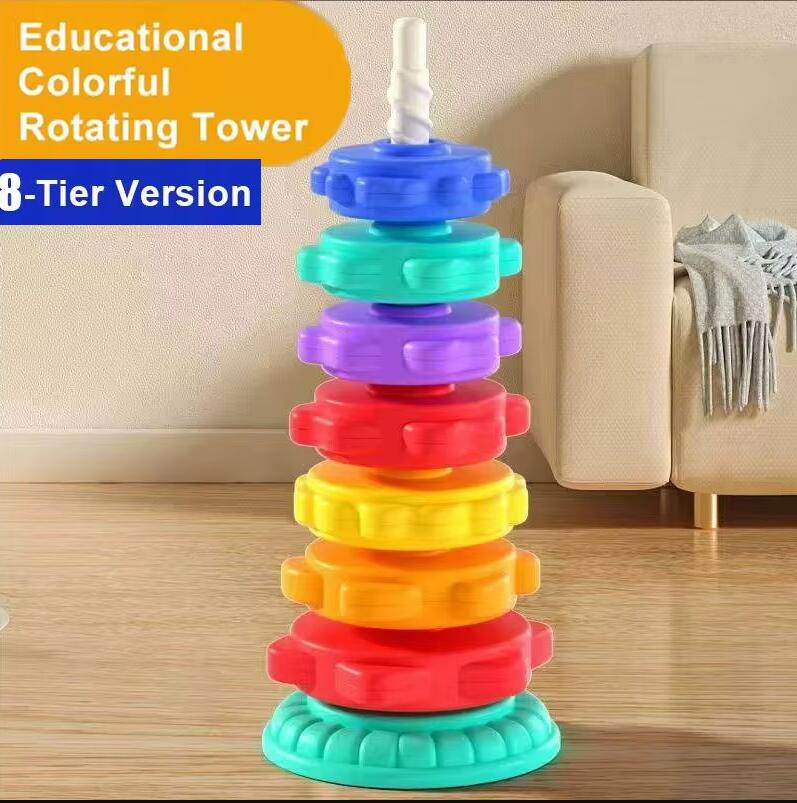 Montessori Rotating Rainbow Tower Baby Stacking Puzzle Toddler Toys Children Motor Skill Game Spinning Stacking Toys 1 To 2 Year