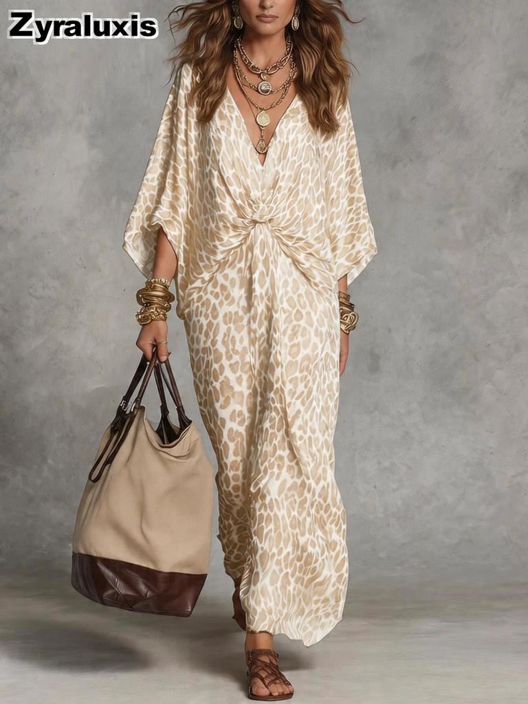 Leopard Print V-Neck Belted Maxi Dress for Women