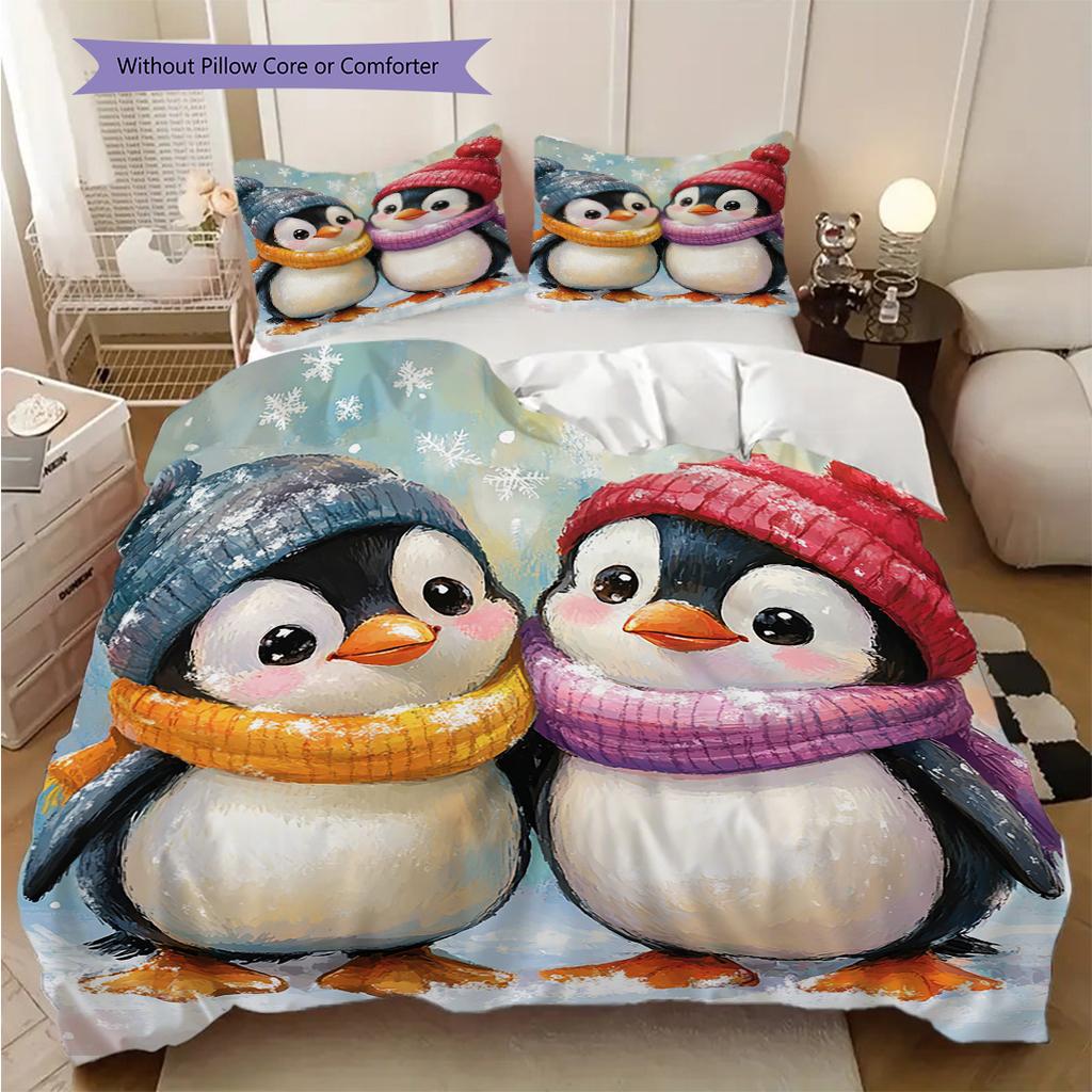 Penguin Pattern Bedding Quilt Set Quilt Cover Pillowcase Home Decoration Birthday Gift (1 * duvet cover + 2 * pillowcase, without core)